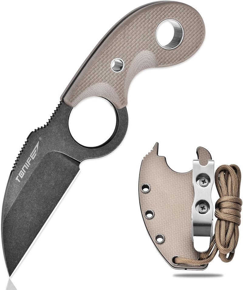 TONIFE Small Fixed Blade Knife Full Tang EDC Camping with Sheath Lanyard and Clip, Blade Length 2.17",2.5 oz.with Sheath (Warm Sand - Black Oxide then Stonewash) - Image 1